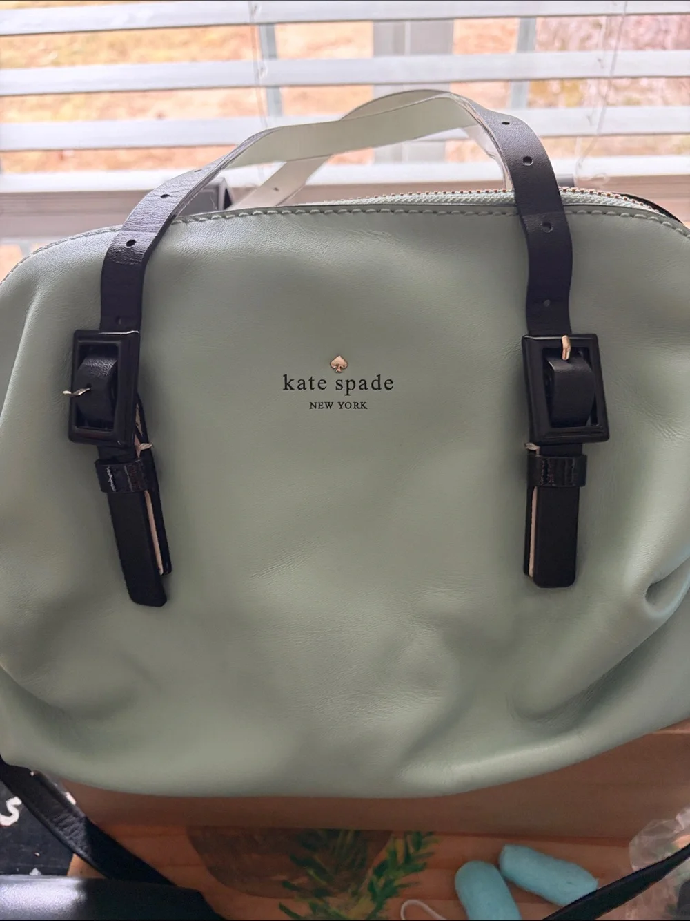 kate spade Mint Green Leather Satchel with Black Straps